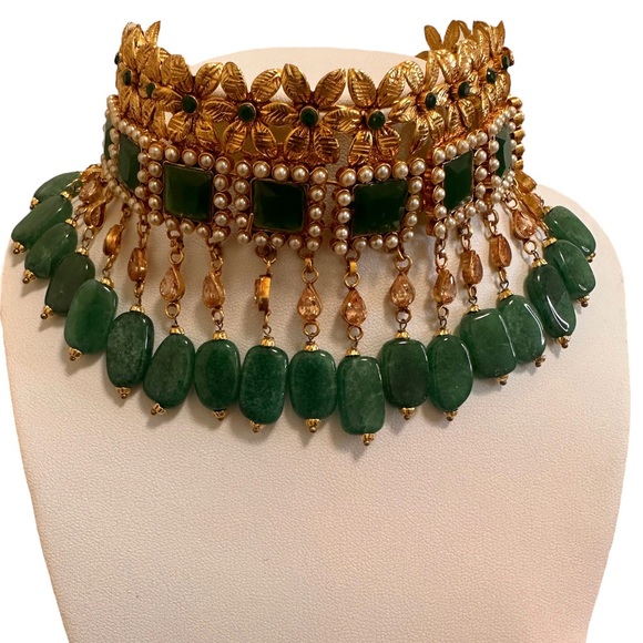 Green Bridal Choker Necklace Jhumka Earrings Jewellery Set - Picture 1 of 3